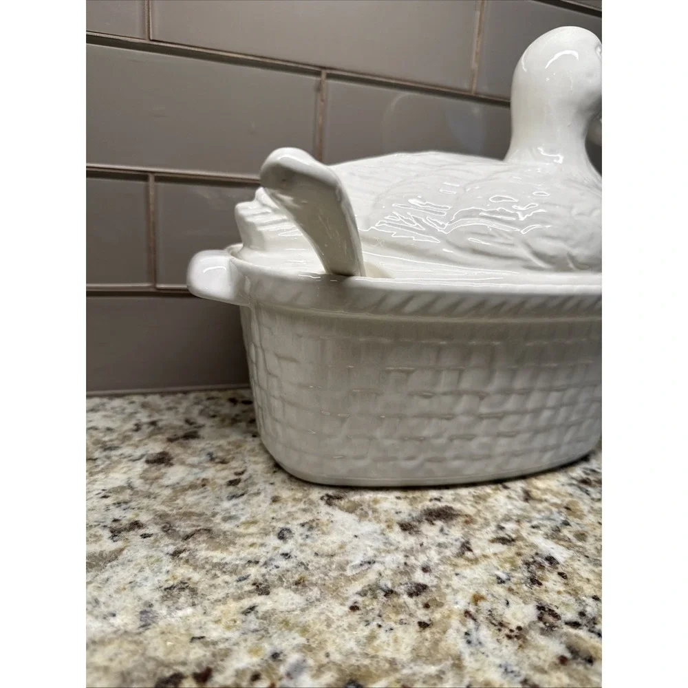 Whittier Pottery White Duck Soup Tureen Ladle Vintage 1983 USA Calif Cottagecore